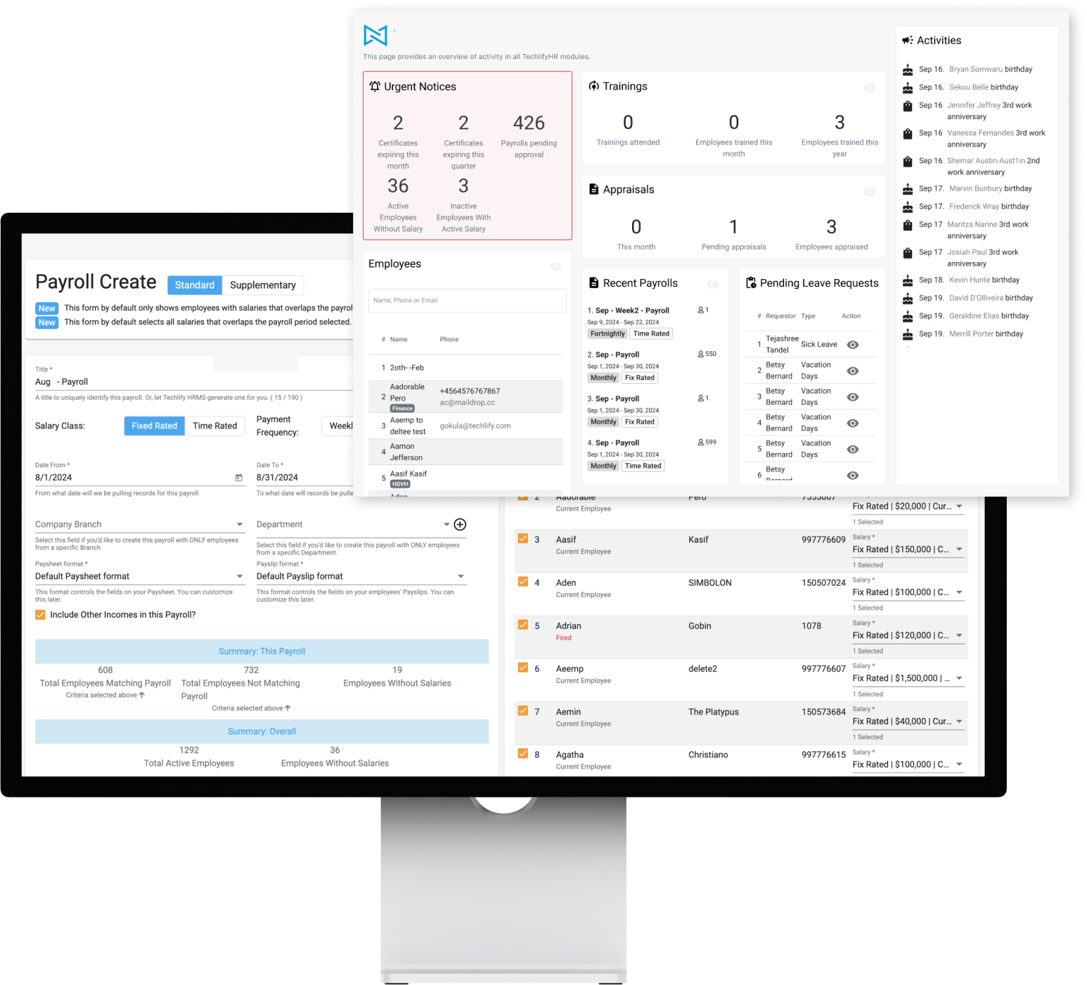 TechlifyHR payroll software dashboard on a desktop monitor