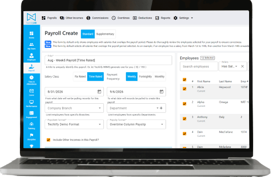 TechlifyHR payroll screens on a laptop
